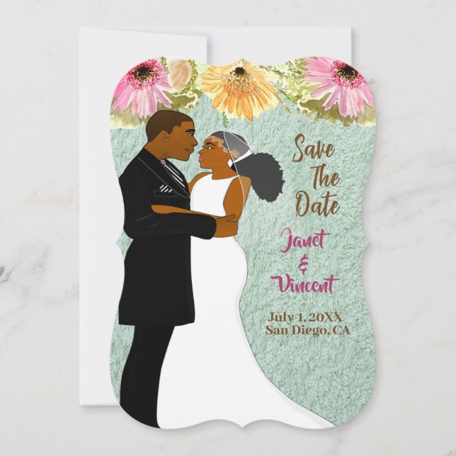 Blue Floral African American Casal Save-The-Date ( (Frente)