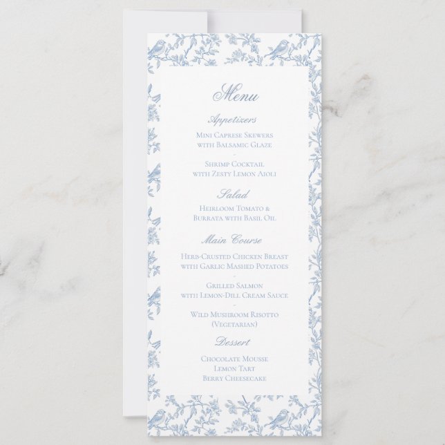 Blue Floral and Bird Toile Wedding Menu Card (Frente)