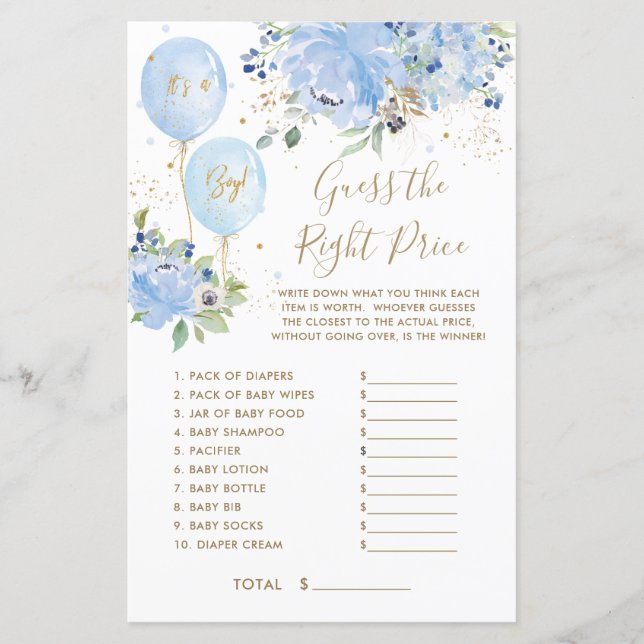 Blue Floral Balloon Boy adivinha o jogo do preço c (Frente)