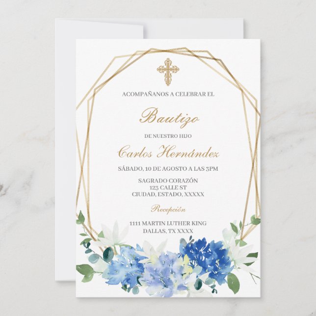 Blue floral Baptism Convite Espanhol (Frente)