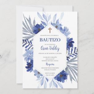 Blue floral Baptism Convite Espanhol para Menino