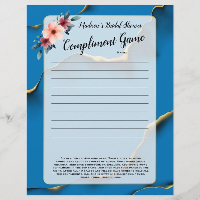 Blue Floral Chá de panela Icequebra 💕 5 Palavras  (Frente)