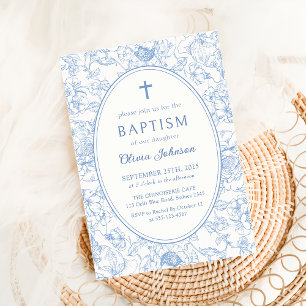Blue Floral Chinoiserie Baptism Convite