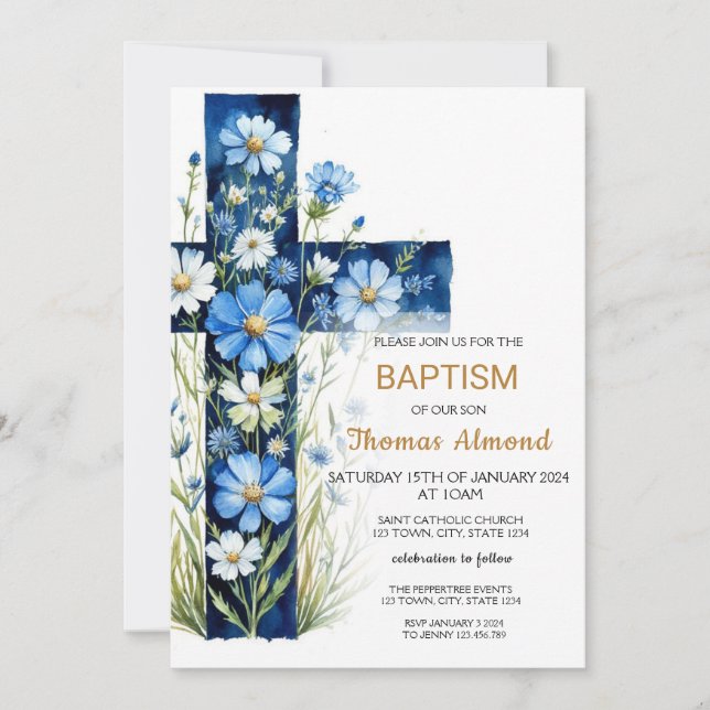 Blue Floral Cross Baptism Convite (Frente)