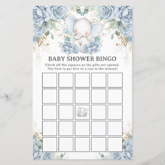 Blue Floral Elephant Baby Shower Bingo Game