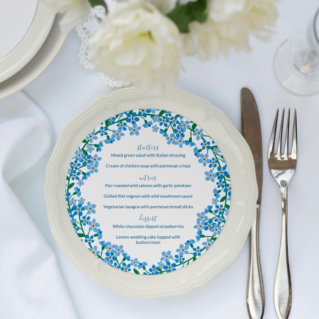Blue Floral Forget-Me-Nots No Menu De Casamento (Criador carregado)