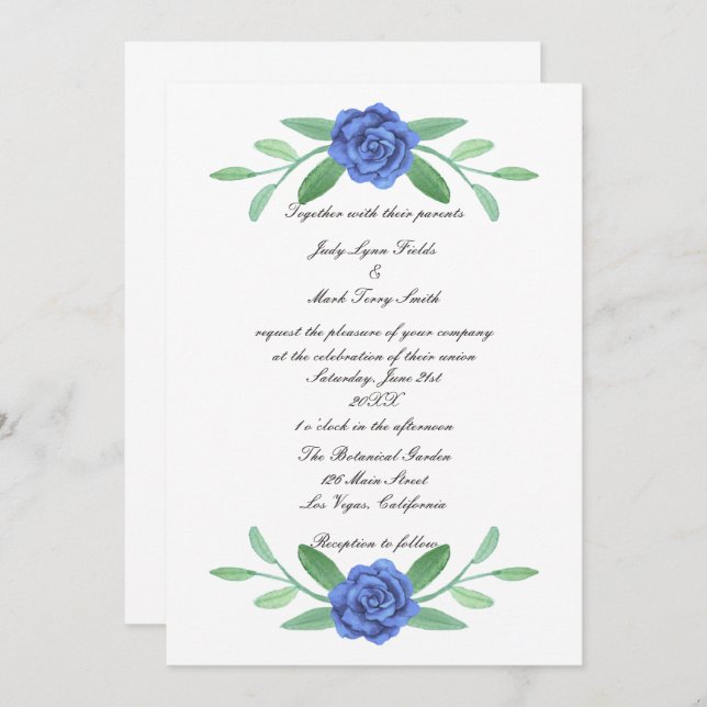 Blue Floral Greenery Foliage Convite para Casament (Frente/Verso)