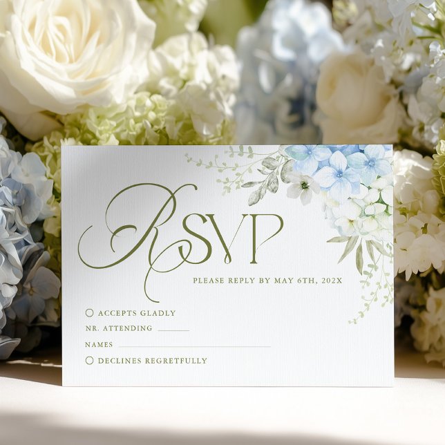 Blue Floral Hydrangea Wedding RSVP Card (Criador carregado)