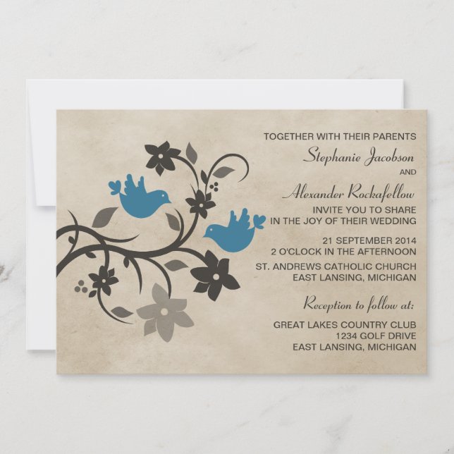 Blue Floral Lovebird Convite De Casamento (Frente)