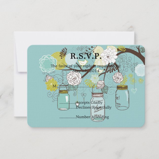 Blue Floral Mason Jars Wedding RSVP (Frente)