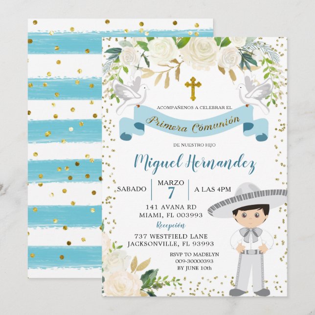 Blue Floral Mexicano Santo Convite à Comunhão (Frente/Verso)
