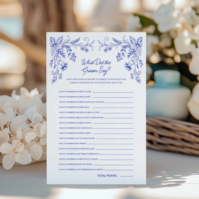 Blue Floral O que fez o jogo nobre (Blue Toile What did the groom say bridal shower game)