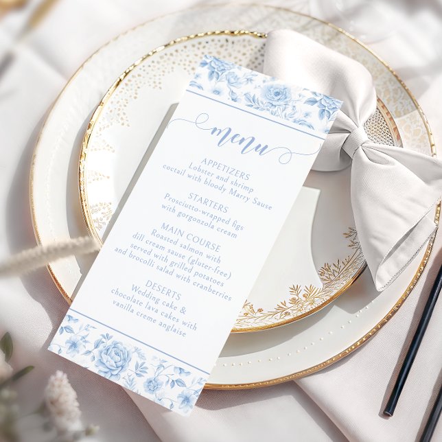 Blue Floral Porcelain Bridal Shower Menu Cards (Criador carregado)