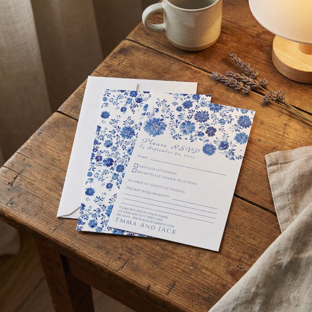 Blue Floral Toile style Wedding RSVP response Card (Blue Floral Toile style Wedding RSVP response Card)