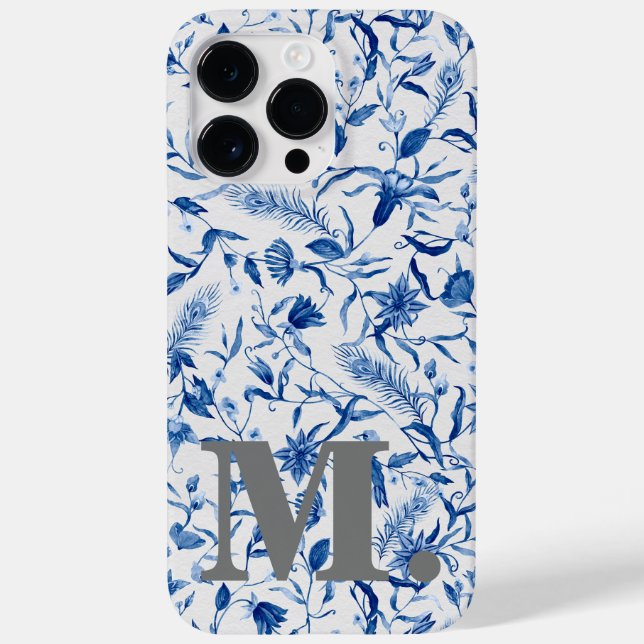Blue Floral Vintage Girly Monograma Inicial (Verso)