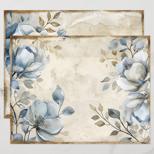 Blue Floral Vintage Scrapbook Paper (Frente/Verso)