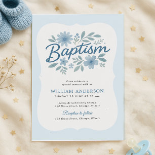 Blue Floral Wavy Edge Baptism Convite para Menino