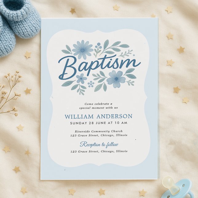 Blue Floral Wavy Edge Baptism Convite para Menino (Baptism invite with blue floral frame and stars – soft, sweet, and perfect for baby boys

)
