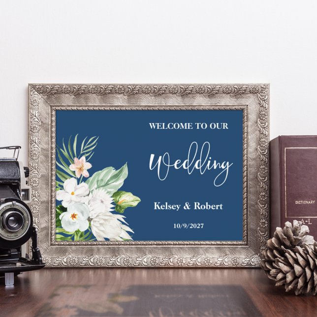 Blue Floral Welcome Wedding Sign Poster (Criador carregado)