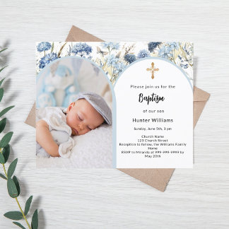 Blue florals Photo Arch boy Baptism convite