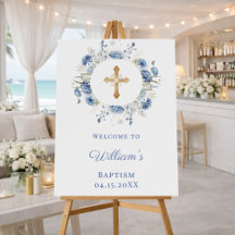 Blue florals wreath boy Baptism welcome