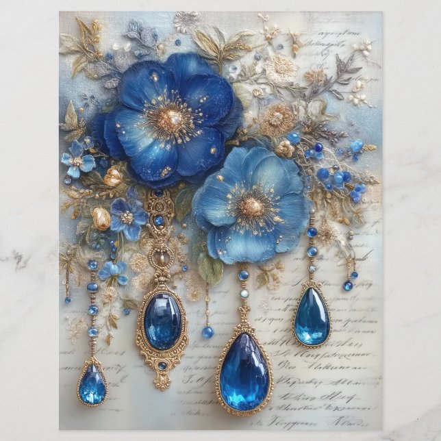 Blue Flower Gems Junk Journal Scrapbook Paper (Frente)