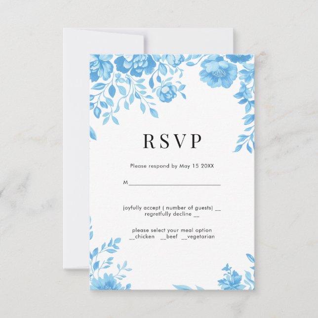 Blue Flower Retro floral Casamento RSVP (Frente)