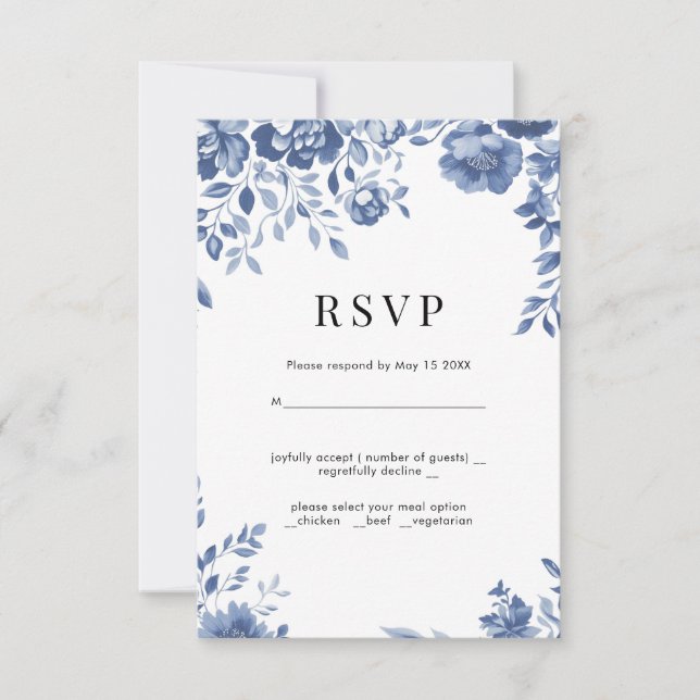 Blue Flower Retro floral Casamento RSVP (Frente)