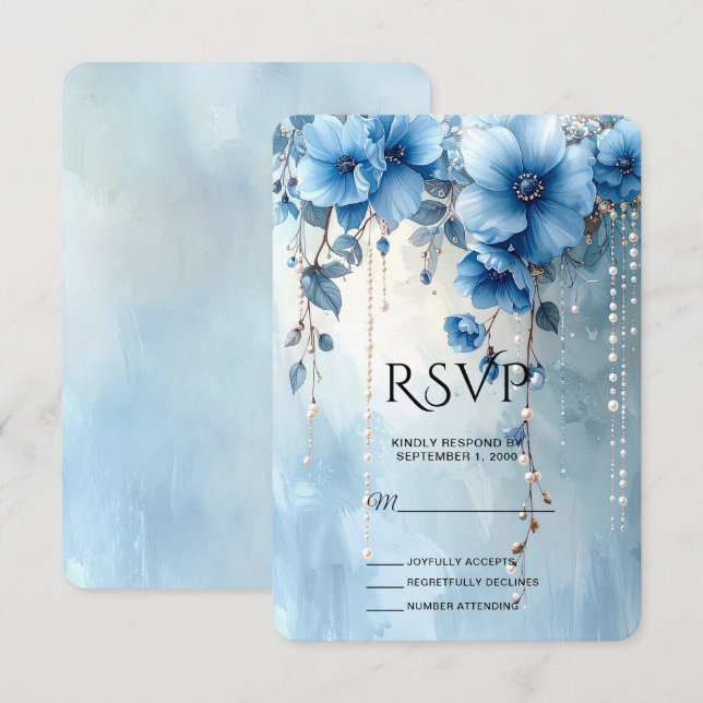 Blue Flowers and Pearls RSVP Card (Frente/Verso)