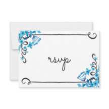 Blue Folk Art Floral Watercolor RSVP