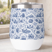 Blue French Toile Countryside Rose Branch Pattern 