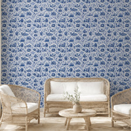 Blue French Toile Countryside Rose Branch Pattern