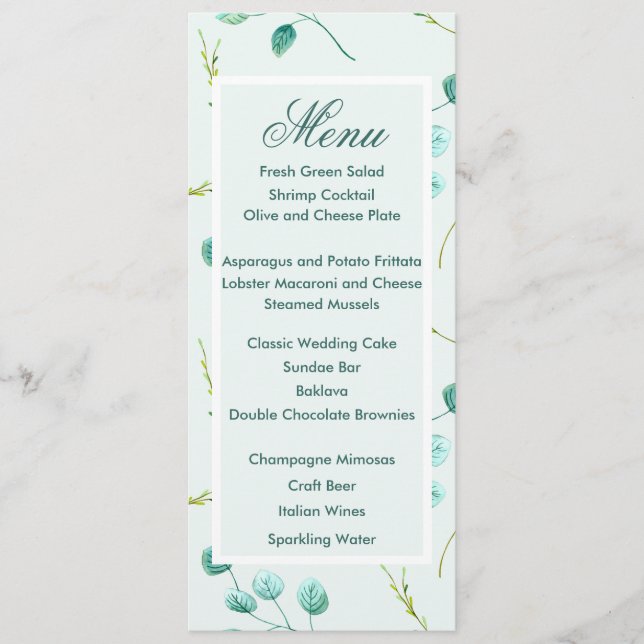 Blue Garden Watercolor Stems Weding Menu (Frente)