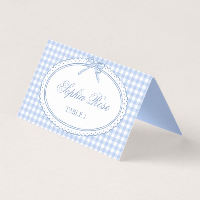 Blue Gingham Coquette Bow Place Card Table Decor (Frente)