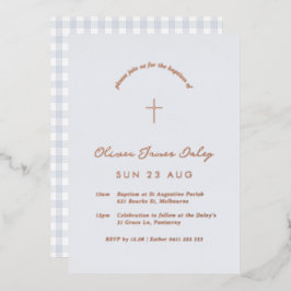 Blue Gingham Foil Baptism Christening Convite