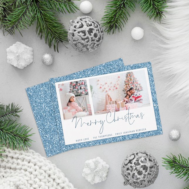 Blue Glitter 2 Photo Script Merry Christmas Card (Criador carregado)