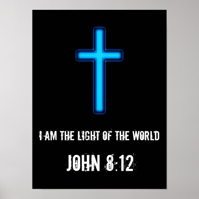 Blue Glowing Cross Poster With Scripture (Frente)