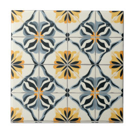 Blue Gold and Off White Pattern Ceramic Tile