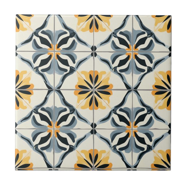 Blue Gold and Off White Pattern Ceramic Tile (Frente)