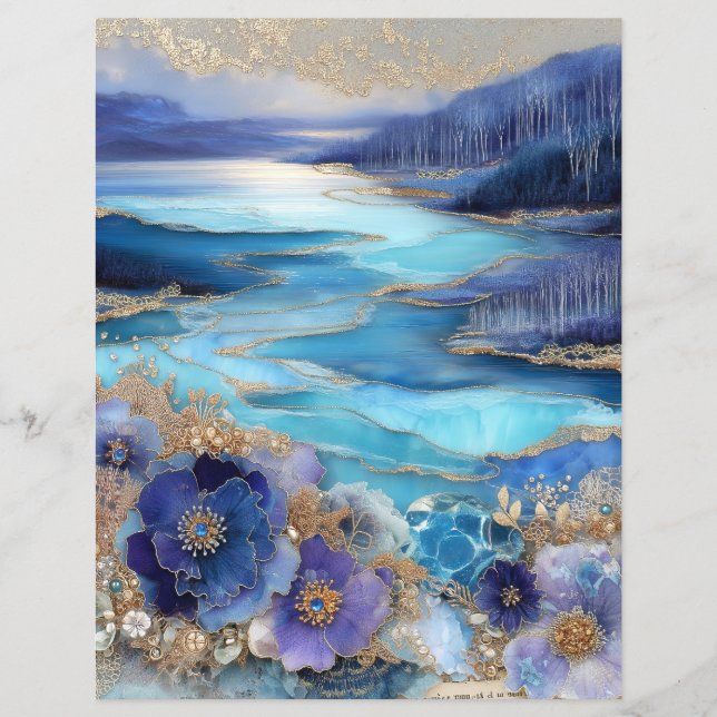 Blue Gold Landscape Junk Journal Scrapbook Paper (Frente)