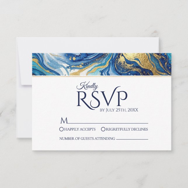Blue Gold Marble RSVP Elegant Wedding Response (Frente)