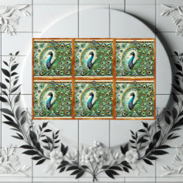 Blue Green Majestic Peacock Golden Feathers Motif