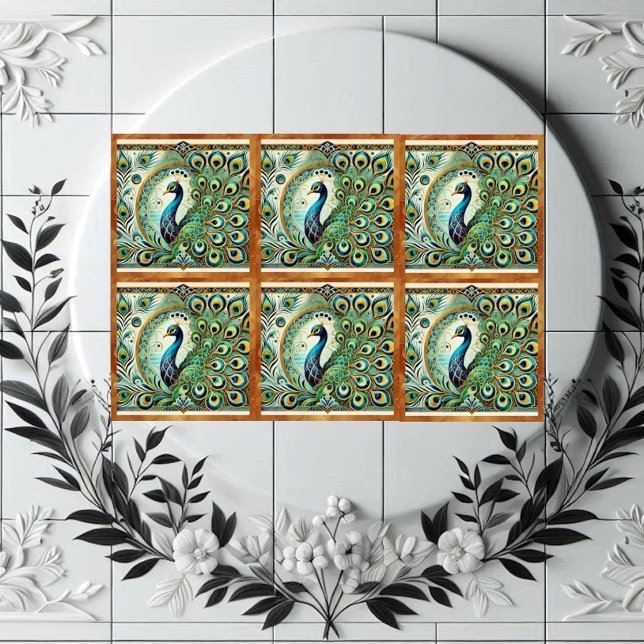 Blue Green Majestic Peacock Golden Feathers Motif  (Blue Green Majestic Peacock Golden Feathers Motif Ceramic Tile)