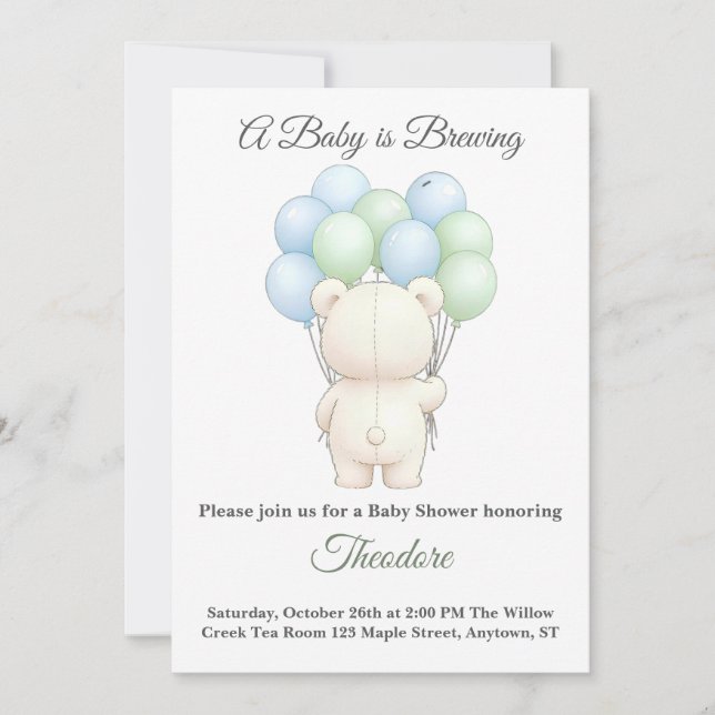 Blue & Green Watercolor Teddy Bear Baby Shower  (Frente)