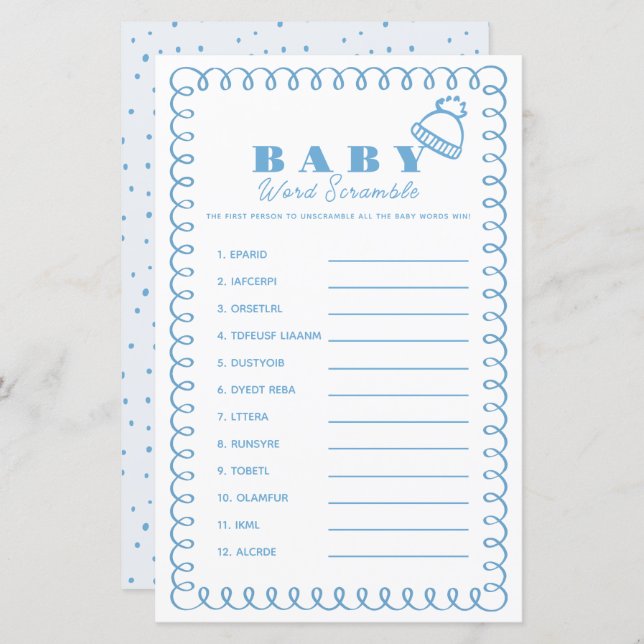 Blue Hand-Drawn Beanie Boy Baby Word Scramble (Frente/Verso)