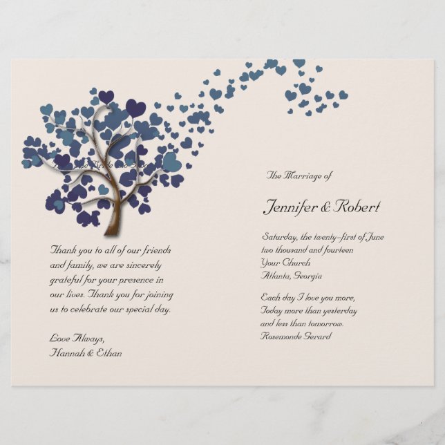 Blue Heart Tree on Ivory Wedding Program (Frente)