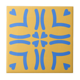 Blue Hearts Mustard Yellow Modern Folk Art Lines