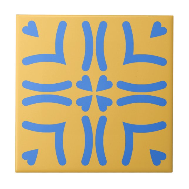 Blue Hearts Mustard Yellow Modern Folk Art Lines (Frente)