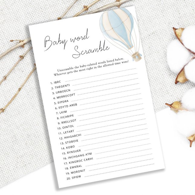 Blue Hot Air Balloon Chá de fraldas Palavra Scramb (Criador carregado)