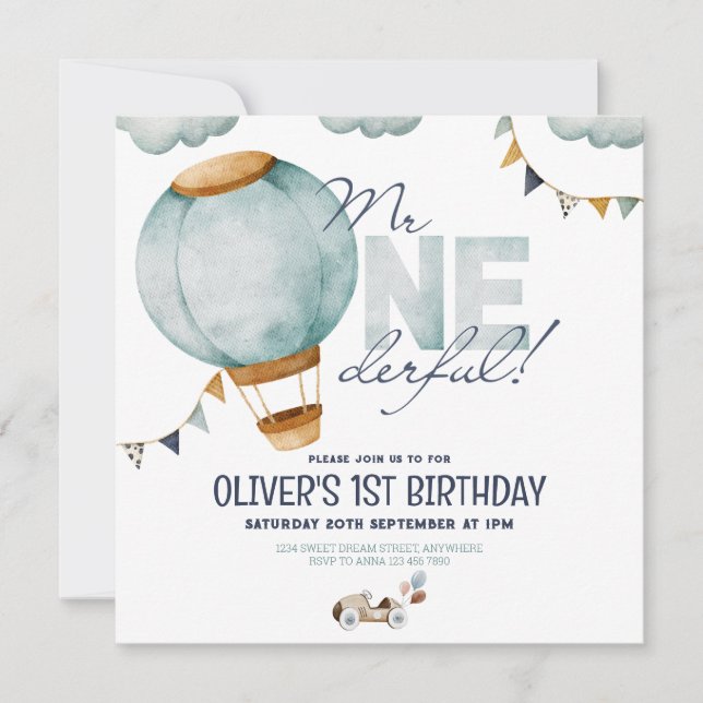 Blue Hot Air Balloon Sr. ONEGreat Boy Invitation (Frente)